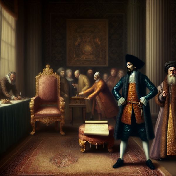 Elegant schilderij van een invloedrijke persoon in een luxueus interieur met symbolen van macht en aanzien, stijl van Gerard ter Borch
