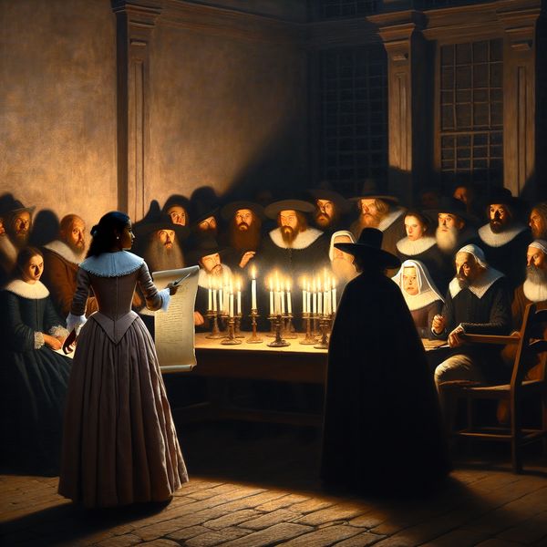 Groep mensen rond een grote houten tafel in een kaarsverlichte vergaderruimte, met een centrale figuur die belangrijke documenten toont.