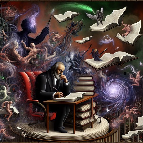 Belangrijke schrijver in surrealistische scene met levendige boeken Surrealistisch tafereel van een enorme schrijver aan een bureau, omringd door tot leven gekomen boeken, pennen en pagina's