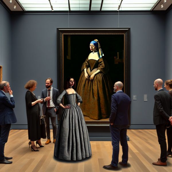Belangrijke Vrouw Tijdens Kunstexpositie in Stijl van Gerard ter Borch Vrouw in elegante jurk bij een beroemd schilderij tijdens een kunstexpositie