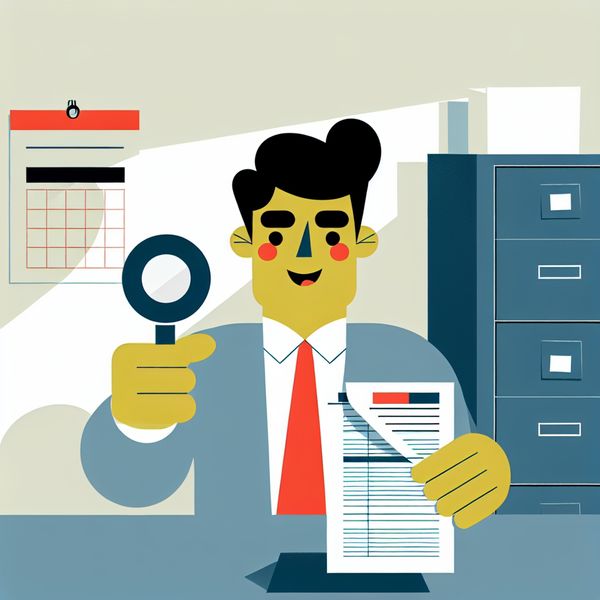 Belastingaangifte controleren met belastingambtenaar - duidelijke uitleg belastingzaken Vriendelijke belastingambtenaar bekijkt aangifteformulier met vergrootglas en potlood in minimalistische stijl