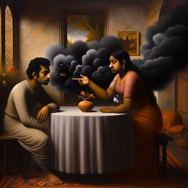 Een man zit aan een tafel in een sfeervol verlichte kamer, terwijl een vrouw naast hem met een bezorgde uitdrukking uitleg geeft, omringd door donkere wolken die negativiteit symboliseren.