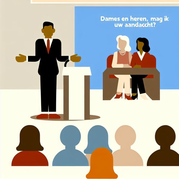 Beleefd aanspreken van een groep - formele toespraak illustratie Minimalistische illustratie van een spreker achter een podium die beleefd een kleine groep aanspreekt met 'Dames en heren, mag ik uw aandacht?' in een stijl van Dick Bruna