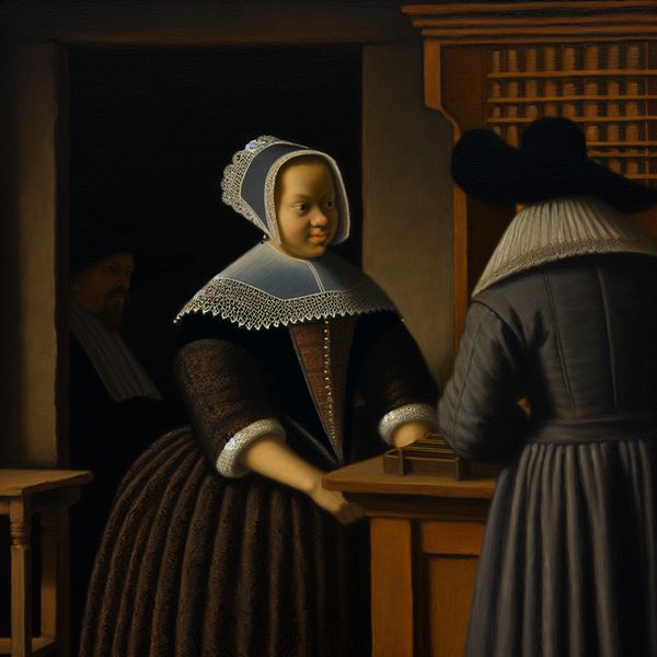 Jonge ongetrouwde vrouw in 17e-eeuws Nederlands kostuum helpt beleefd een bezoeker in een sfeervolle, door Rembrandt geïnspireerde setting met dramatisch clair-obscur