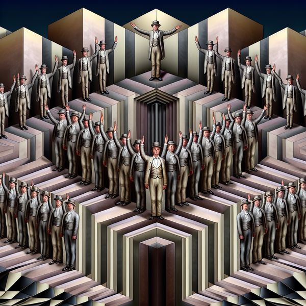 Surrealistische scène geïnspireerd op M.C. Escher met een formele groep mensen in een onmogelijke architectonische ruimte, waarin een centrale figuur beleefd het meervoud aanspreekt