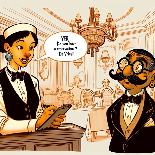 Beleefd antwoorden in het Nederlands: voorbeeld met 'Jawel' in een restaurant Cartoonachtige restaurantscène met een ober die vraagt of de heer een reservering heeft en de klant beleefd antwoordt met 'Jawel'