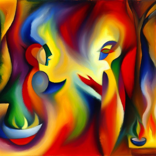 Beleefd verzoek uitdrukken in abstracte kunst - taal leren Nederlands Abstracte voorstelling van twee figuren die een beleefd verzoek uitwisselen in expressieve stijl met warme kleuren