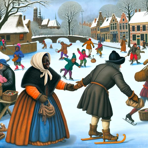 Beleefd Voorstel in Winterlandschap van Avercamp persoon in 17e-eeuwse kleding biedt hulp aan op een bevroren kanaal met schaatsers