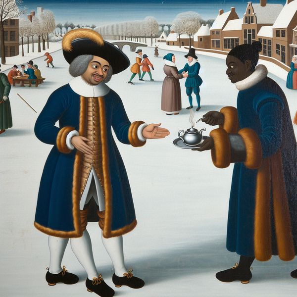 Beleefd weigeren in historische setting: Nederlandse wintertafereel met koffieaanbod 17e-eeuwse wintertafereel met een man die beleefd een kop koffie weigert van een gastheer op een bevroren kanaal, in de stijl van Hendrick Avercamp
