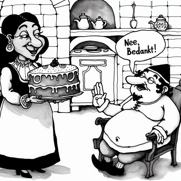 Twee cartoonfiguren in een gezellige keuken, waarbij de ene een stuk taart aanbiedt en de ander vriendelijk weigert met 'Nee, bedankt'