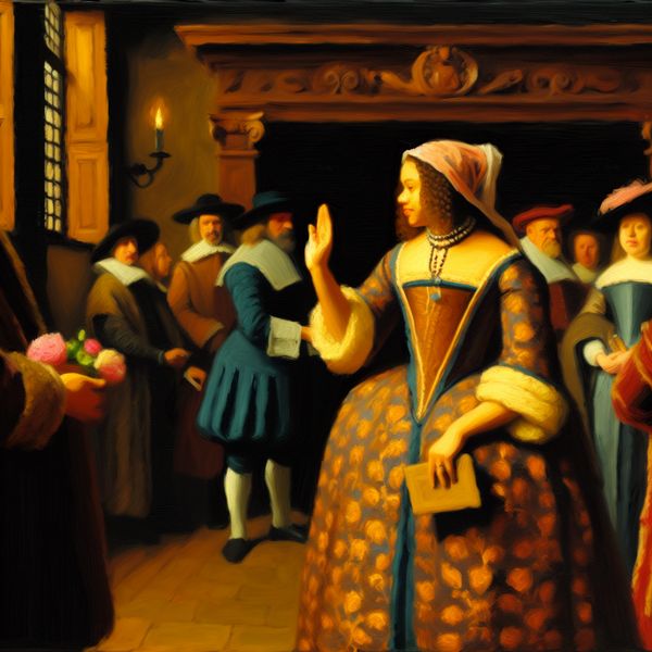 Beleefd weigeren in het Nederlands: formele afwijzing van een uitnodiging 17e-eeuwse Nederlandse vrouw weigert beleefd een aanbod met een handgebaar en houdt een verzegelde brief vast in een formele setting