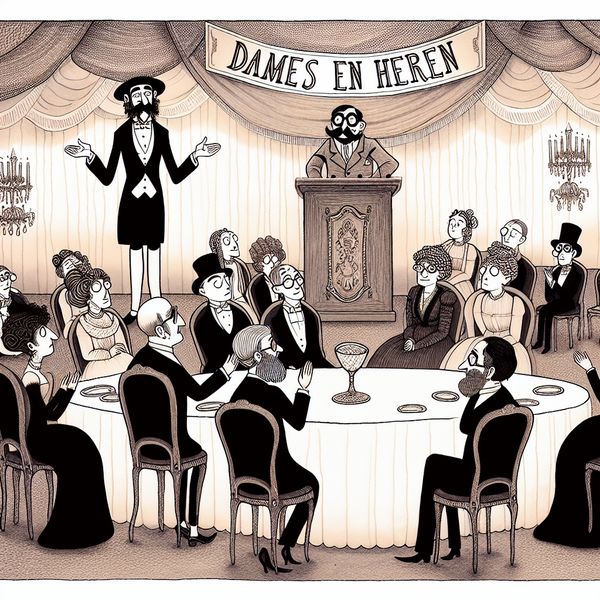 Beleefde aanspreekvorm groep: formele toespraak met 'Dames en heren' Cartoonachtige formele bijeenkomst met spreker die een groep beleefd toespreekt met 'Dames en heren' op de achtergrond
