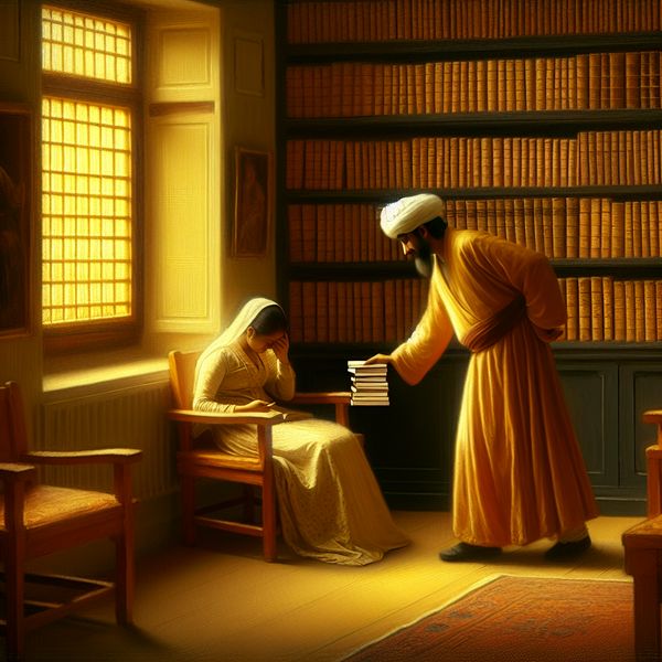 Beleefde onderbreking in een bibliotheek Een persoon onderbreekt beleefd een gesprek in een gezellige bibliotheek door de schouder van een ander aan te tikken en een stapel boeken vast te houden.