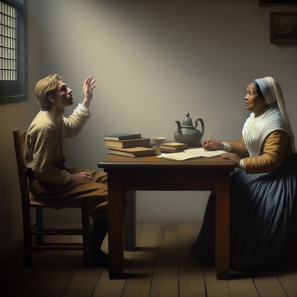 Een serene kamer met zacht licht, student aan tafel vraagt beleefd om hulp
