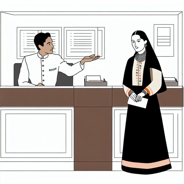 Formele beleefdheid: vrouw aan hotelreceptie in stijl van Dick Bruna Minimalistische illustratie van een formele interactie aan een hotelreceptie tussen een elegante vrouw en een receptionist, ter illustratie van beleefdheid in formele situaties