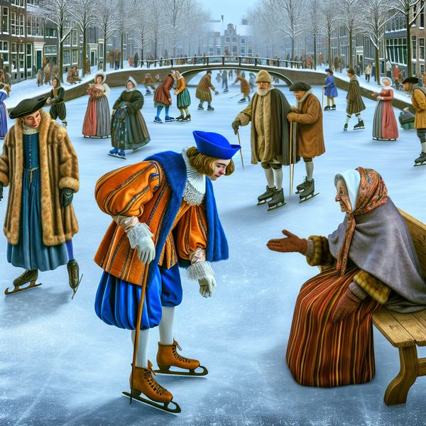 17e-eeuwse wintertafereel op een bevroren kanaal waar een jonge man hoffelijk zijn zitplaats op een houten bank aanbiedt aan een oudere vrouw, ter illustratie van beleefdheid en respect