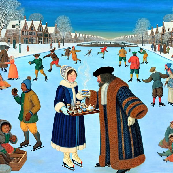 Historische Nederlandse winterscène met beleefde interactie tussen twee personen op een bevroren kanaal, in de stijl van Hendrick Avercamp