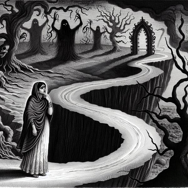 Belemmeringen en Strijd: Een Vrouw op een Gebroken Weg Een vrouw staat op de rand van een gebroken weg in een somber landschap, omringd door schaduwen en verdraaide bomen, symboliserend haar angsten en hindernissen.