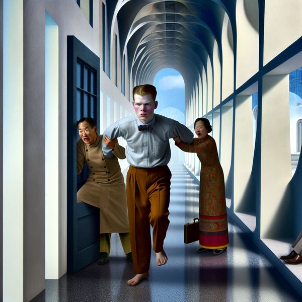 Beletten leren: surrealistisch tafereel van emotionele weerstand en vrijheid Surrealistische voorstelling van een jong persoon die wordt tegengehouden door doorzichtige handen van ouders bij een open deur, symboliserend het beletten van keuzes