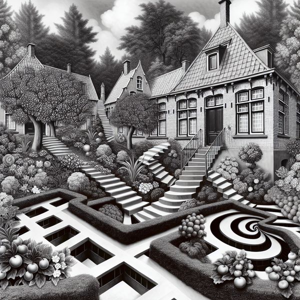 Surrealistisch tuinontwerp in de stijl van M.C. Escher met een Belgische stadstuin, fruitbomen, bloemen en optische illusies