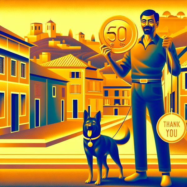 Persoon houdt trots een gouden munt van 50 euro vast met een blije hond aan de lijn, retro-futuristische stad op de achtergrond met een 'Dank Je' banner