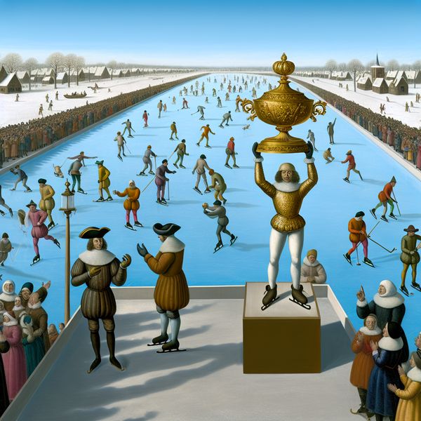 Beloning winnen bij wintercompetitie - Gouden trofee op bevroren kanaal Winnaar van een wintercompetitie op een bevroren kanaal ontvangt een gouden trofee als beloning, omringd door juichende schaatsers en toeschouwers in een levendige Avercamp-stijl schilderij