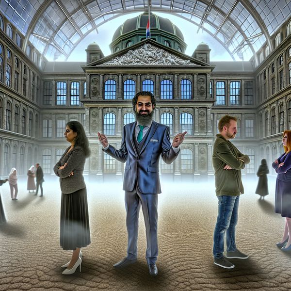 Bemiddelaar in hyperrealistische stadsscène tussen ruziënde individuen