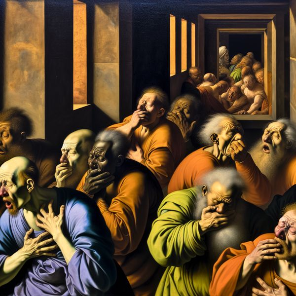 Een dramatisch interieur met gespannen figuren die worstelen om te ademen in een benauwde ruimte.