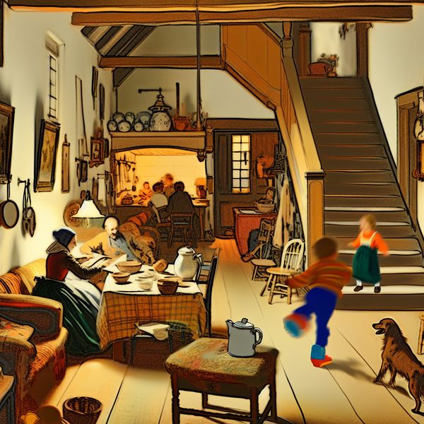Benedenverdieping in een huis: gezellige woonkamer met familie en alledaagse details Gezellige Nederlandse huiskamer beneden met familie, houten meubels en alledaagse chaos in de stijl van Jan Steen