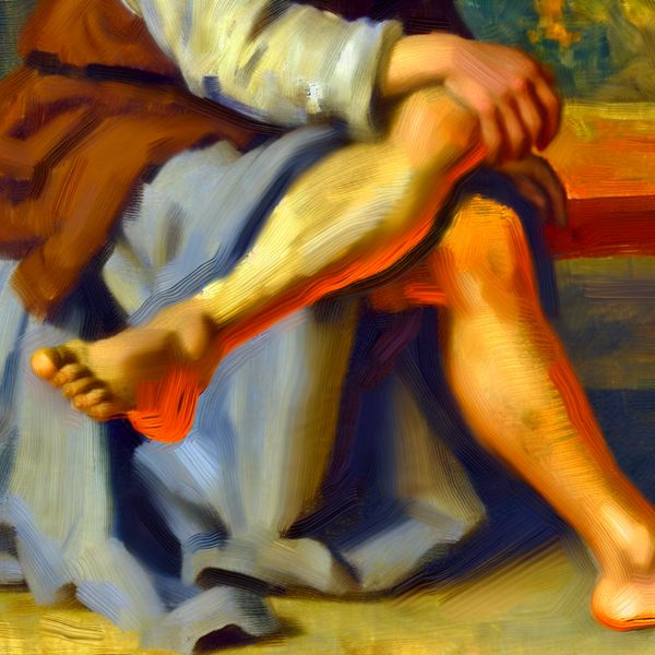 Portret benen Frans Hals stijl - lichaamsdeel voor lopen en staan Dynamisch portret in de stijl van Frans Hals met benen als focuspunt, een persoon met elegant gekruiste benen tijdens een gesprek