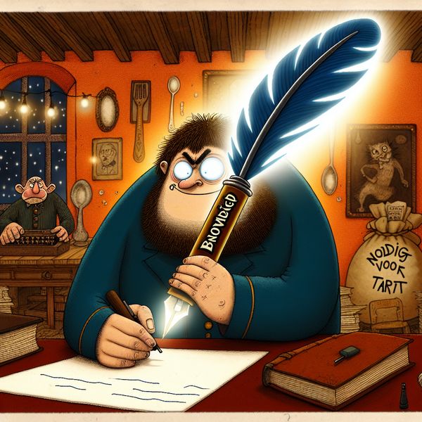 Cartoonfiguur met een reusachtige pen gelabeld 'BENODIGD' bij een leeg formulier, omringd door doorgestreepte voorwerpen zoals een veer en lepel