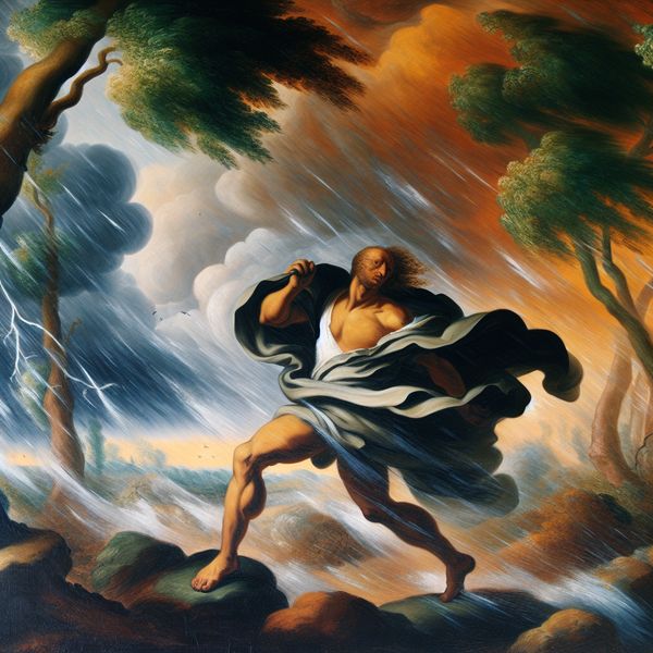 Persoonlijke doorzettingsvermogen in barre weersomstandigheden Bepaalde figuur in een cape die zich door zware regen en sterke wind strijdt, met gebogen bomen en donkere wolken op de achtergrond.