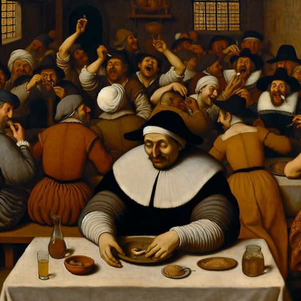 Beperking aangeven met humor: klein portie eten in drukke taverne-scène Gezellige Nederlandse taverne-scène in de stijl van Jan Steen, waarin iemand teleurgesteld kijkt naar een klein beetje eten op een bord terwijl anderen royaal eten