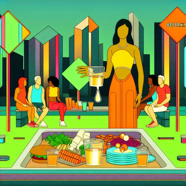 Beperking in Moderne Retro-Stijl Illustratie Vriendengroep bij picknicktafel zonder drank, moderne retro illustratie