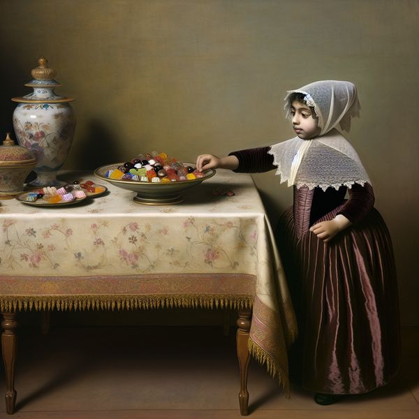 Beperking en zelfbeheersing: kind met snoepjes in klassieke schilderstijl Jong kind toont zelfbeheersing bij een schaal snoepjes in een schilderij in de stijl van Gerard ter Borch, illustratie van het concept beperking