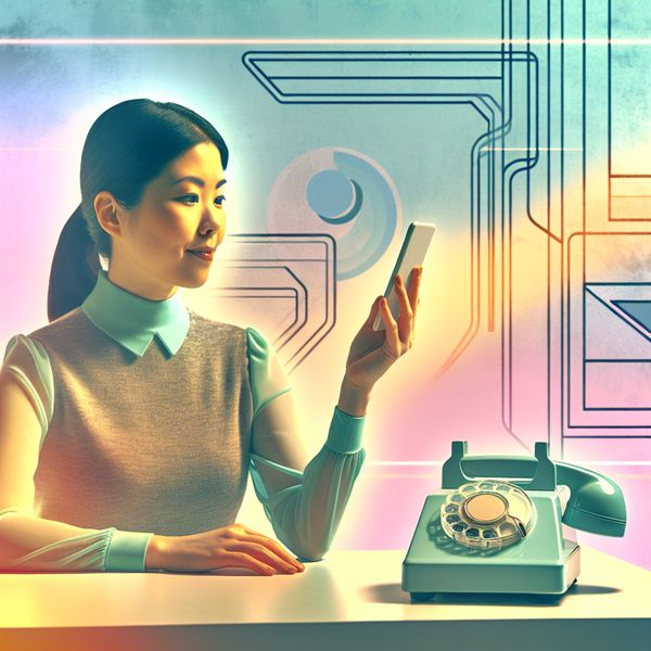 Bereikbaarheid in een Moderne Retro-Futuristische Kantooromgeving Jongere die aan een modern bureau zit met een smartphone in de hand, omgeven door geometrische vormen en retro-futuristische elementen.