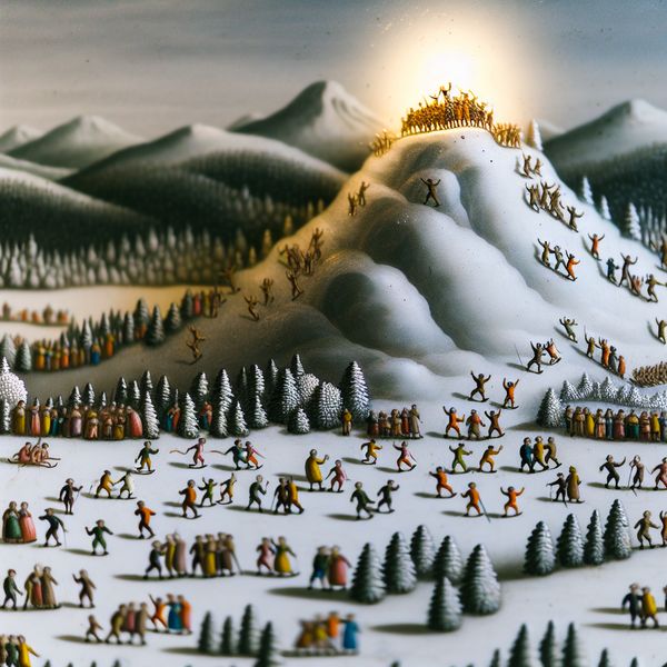Gedetailleerd winterlandschap in de stijl van Hendrick Avercamp met een groep wandelaars die de besneeuwde bergtop bereiken, omringd door schaatsers en dorpsbewoners beneden