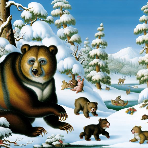 Berin met welpen in een winterse fabelachtige scène Een berin die haar speelse welpen in een besneeuwd bos observeert, omringd door een charmant winterlandschap.