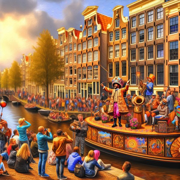 Beroemde Nederlandse zanger treedt op in een levendige Amsterdamse grachtenscene met toeristen, locals en straatartiesten tijdens gouden uur