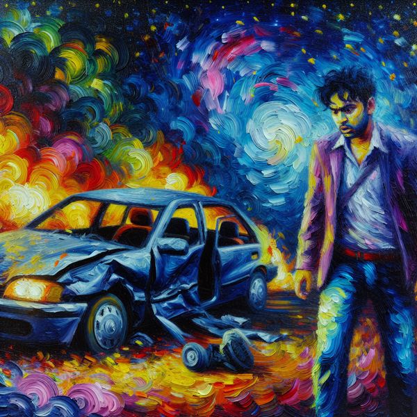 Berouw na een verkeersongeluk Jonge man met een uitdrukking van berouw naast een vernield voertuig, onder een kleurrijke nachtelijke lucht, in de stijl van Vincent van Gogh.