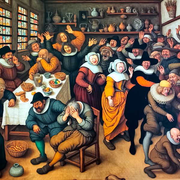 Druk Nederlands huishouden in de stijl van Jan Steen, waarin mensen berusting tonen door schouderophalen en gebaren, met de boodschap dat iemand gewoon verlegen is en daar niets aan kan doen