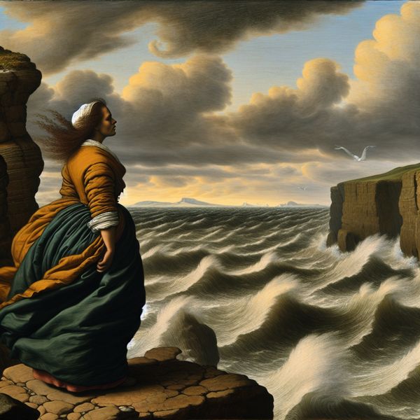 17e-eeuws Hollands landschap van Jacob van Ruisdael met een vrouw op een klif die berustend uitkijkt over een stormachtige zee, symbool voor aanvaarding van een moeilijke situatie