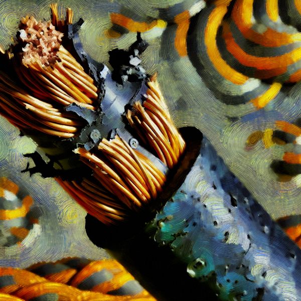 Beschadigde kabel door schuren of wrijving - Nederlands leren met visuele voorbeelden Beschadigde elektrische kabel met zichtbare binnenkabels door slijtage, in Van Gogh-stijl met expressieve penseelstreken