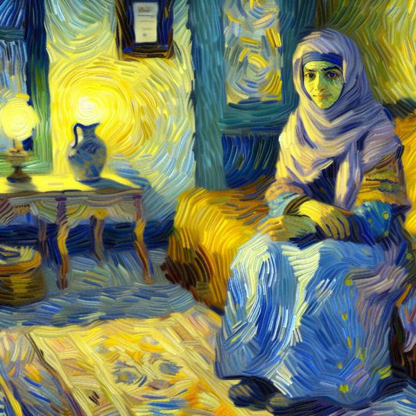 Bescheiden persoon in warme kamer met zachte verlichting, geschilderd in Van Gogh-stijl met subtiele symbolen van succes
