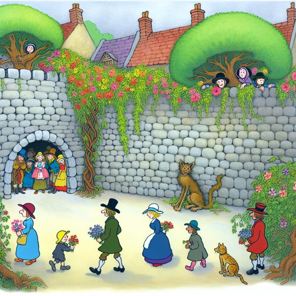 Beschermende muur in een levendig dorp Cartoonachtige illustratie van een levendig oud dorp met een beschermende muur, versierd met bloemen en een nieuwsgierige kat die naar spelende kinderen kijkt.