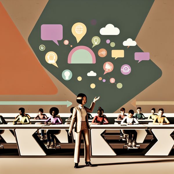 Beschikbare plek voor ideeën en creativiteit in moderne klasomgeving Retro-futuristische klas met leraar en studenten die ideeën uitwisselen, symboliserend beschikbare plek voor creativiteit en dialoog