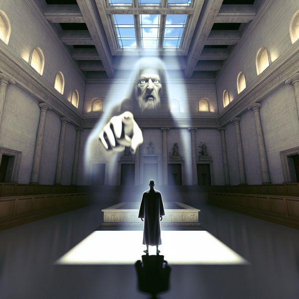 Hyperrealistisch surrealistisch gerechtszaal tafereel met een beschuldigde persoon in de beklaagdenbank, aangewezen door een schaduwachtige vinger, met subtiele hints van diefstal of fraude op de achtergrond