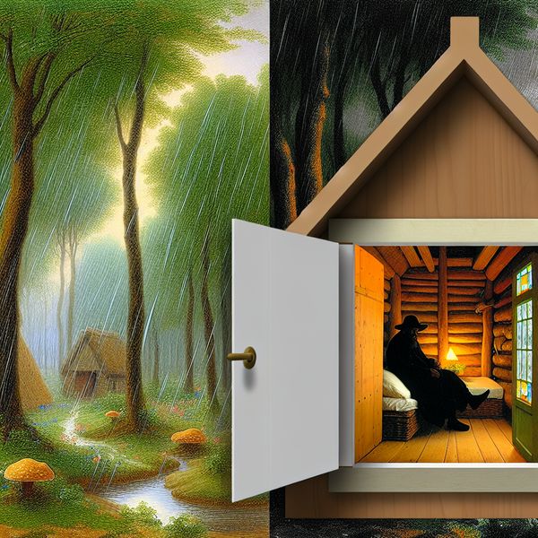 Hut in een bos tijdens storm, persoon vindt beschutting binnen