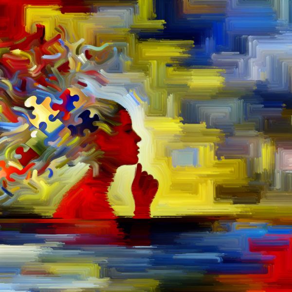 Beseffen en nadenken: abstracte visualisatie van bewustzijn en overweging Abstract expressionistisch schilderij van een persoon in diepe gedachten, omringd door chaotische penseelstreken die nadenken en besef symboliseren, met fragmenten van een drukke straat en een logische puzzel