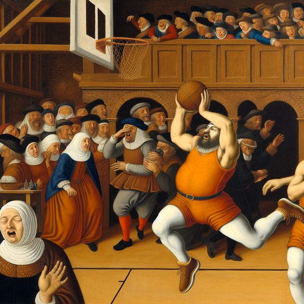 Beslissende poging om te scoren in basketbalwedstrijd - dynamische sportactie Basketbalspeler in actie tijdens een cruciale wedstrijd, neemt een beslissende sprongschot in een levendige sportscène in de stijl van Jan Steen